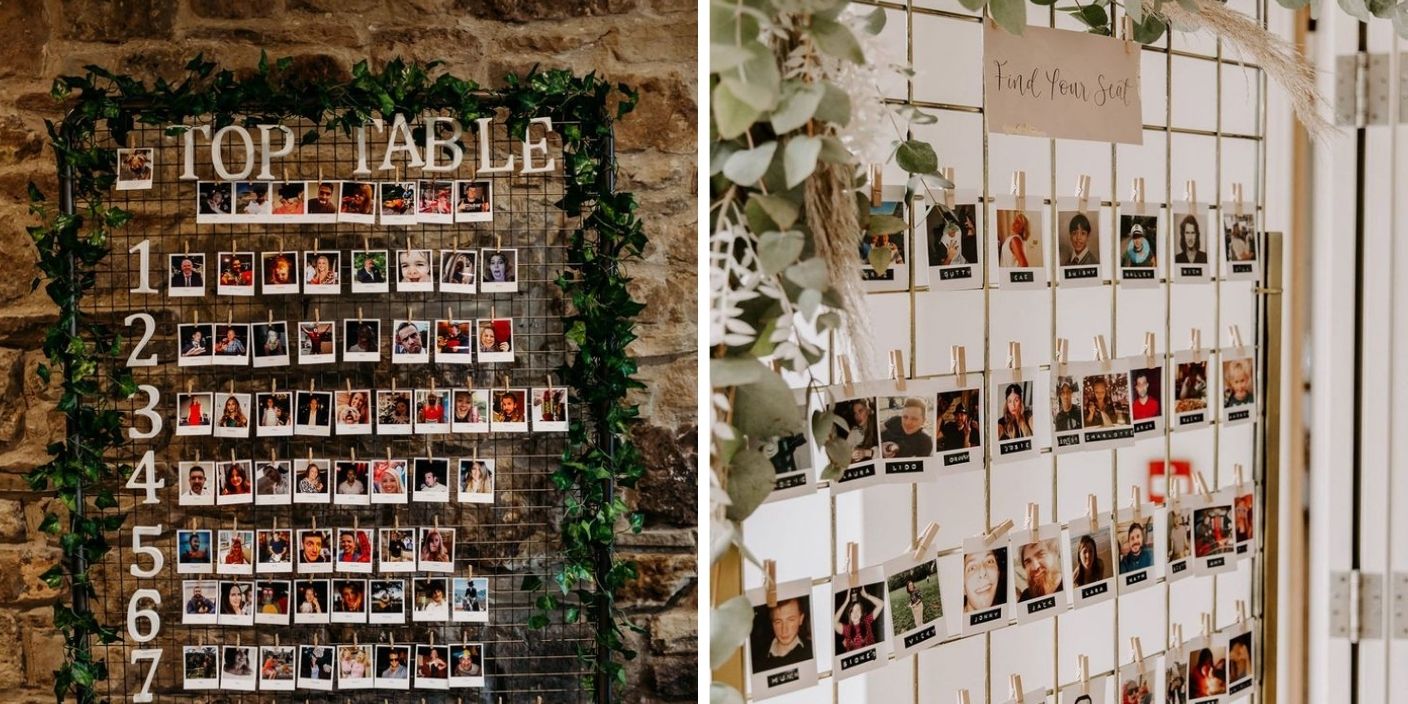 Plan de table interactif avec photos des invités, affiché sur un panneau décoratif